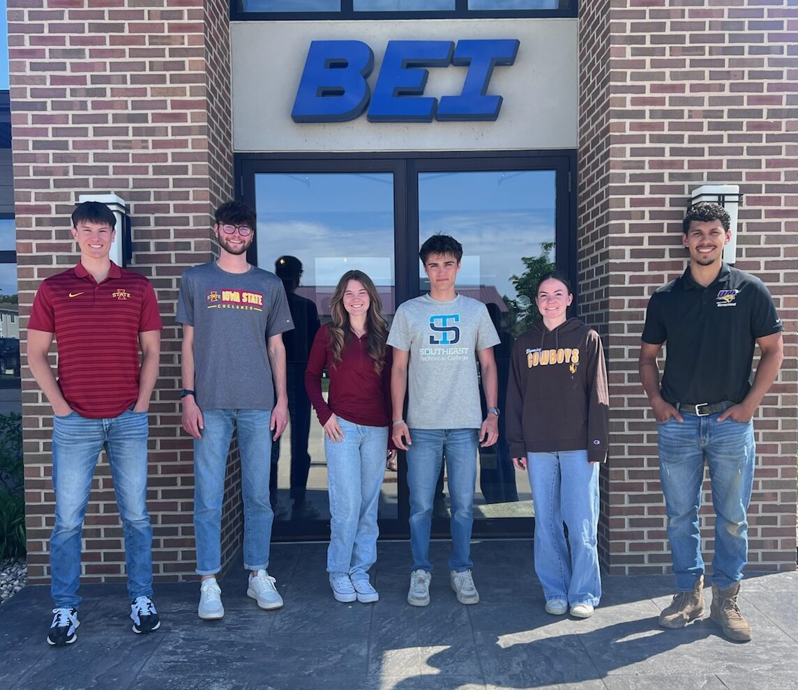 Beck Engineering, Inc. summer interns at the Spirit Lake, Iowa office, including architecture, civil engineering, and construction administration interns.