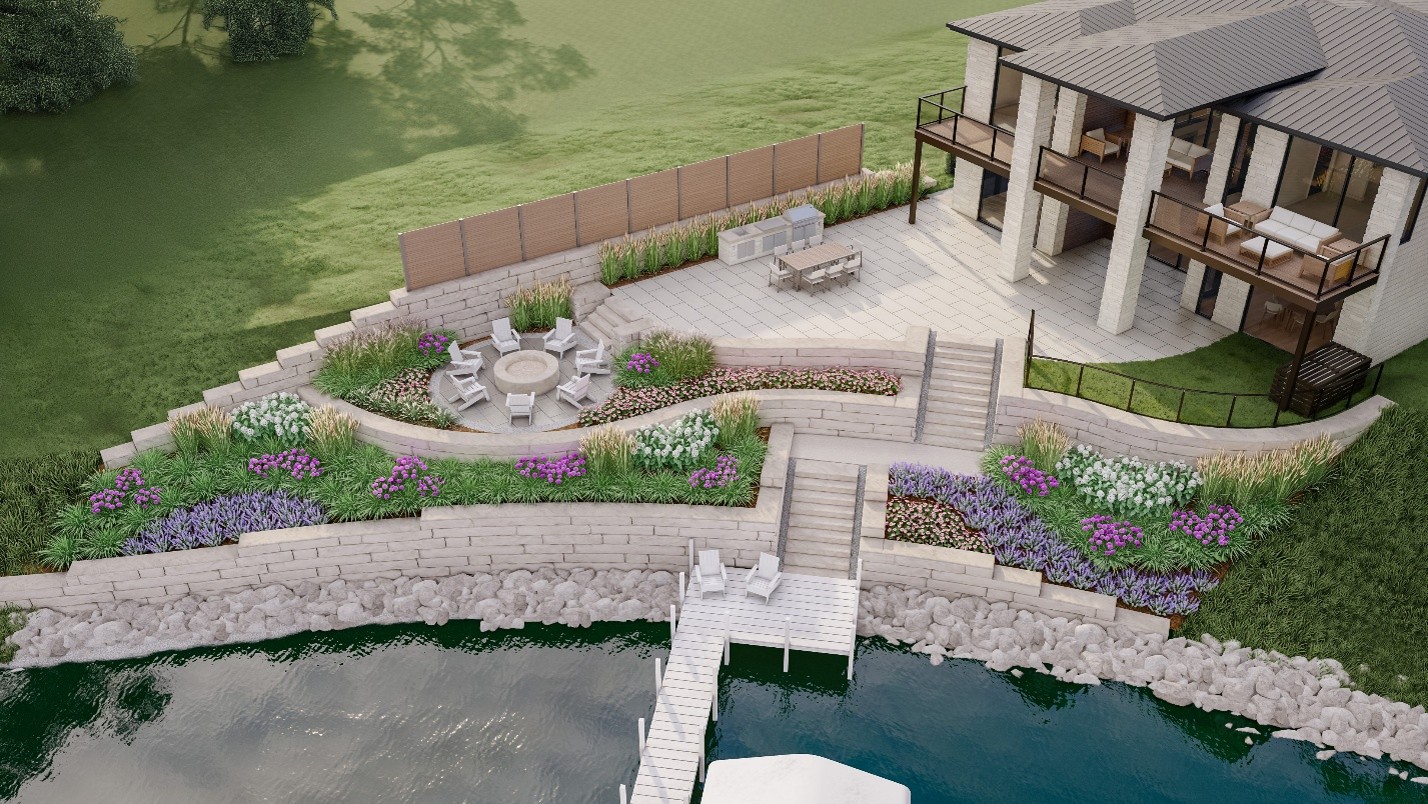 3D rendering of a residential lakefront landscape architecture design featuring tiered retaining walls, outdoor patios, a fire pit seating area, ornamental plantings, and a private dock.