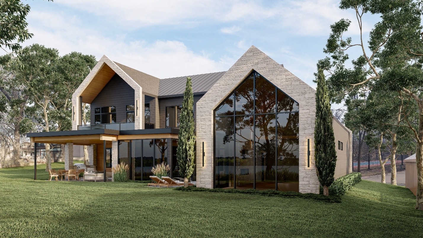 3D rendering of a residential landscape architecture design by Beck Engineering featuring layered planting beds, ornamental trees and grasses, outdoor living spaces, and a thoughtfully integrated lakefront landscape.